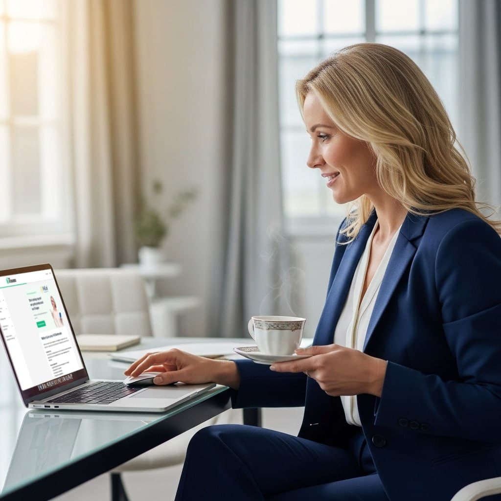 Vrouw volgt online VvE boekhoudcursus op computer - leren boekhouden voor Vereniging van Eigenaren