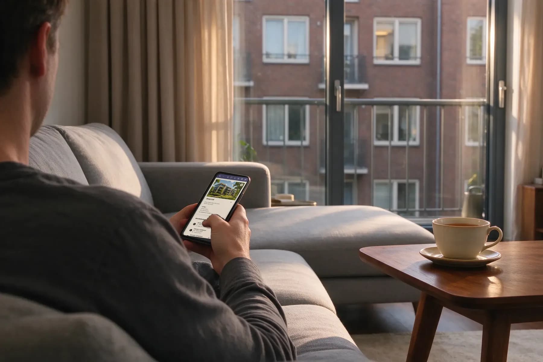 Bewoner bekijkt de VvE.nl app op de telefoon vanuit de woonkamer