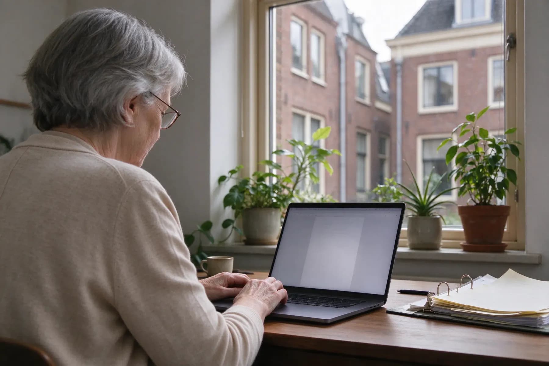 Penningmeester van een VvE werkt aan de boekhouding op een laptop bij het raam