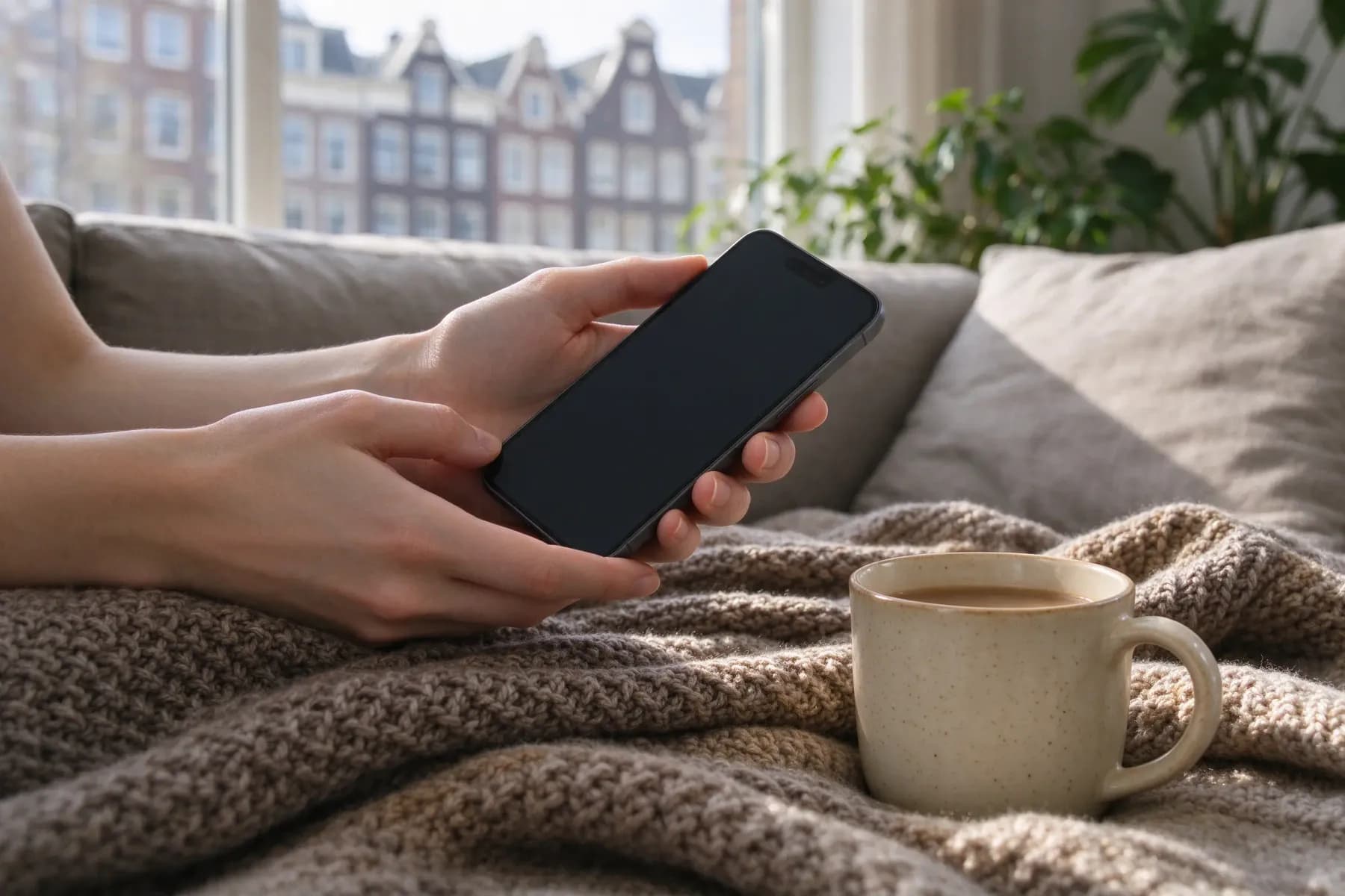 Handen met een telefoon op de bank, klaar om de cursus te starten