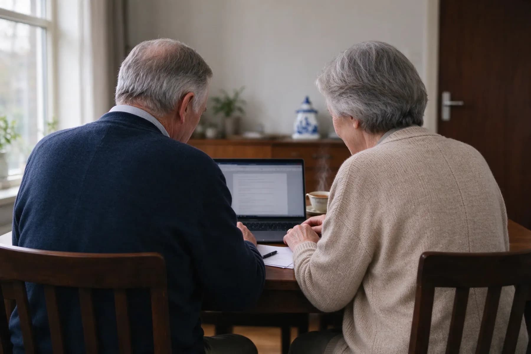 Twee bestuursleden van een VvE bekijken samen de financiën op een laptop